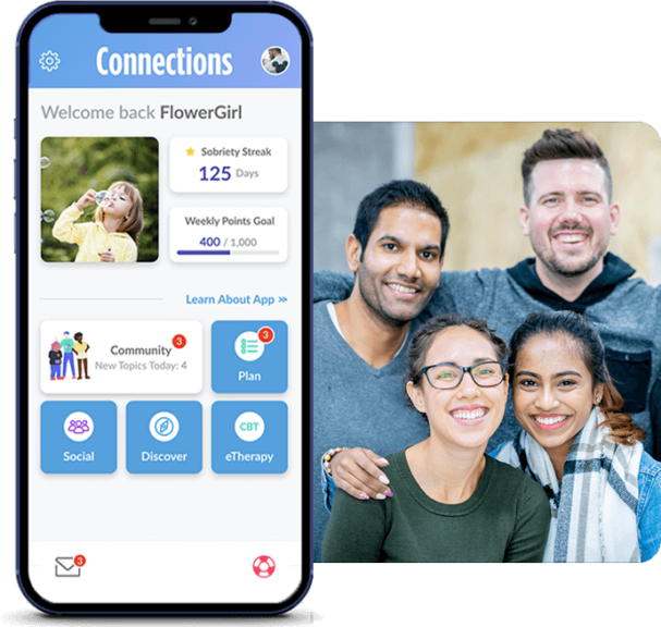 Connections app on mobile device with happy people in background