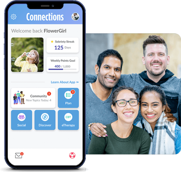 Connections app on mobile device with happy people in background